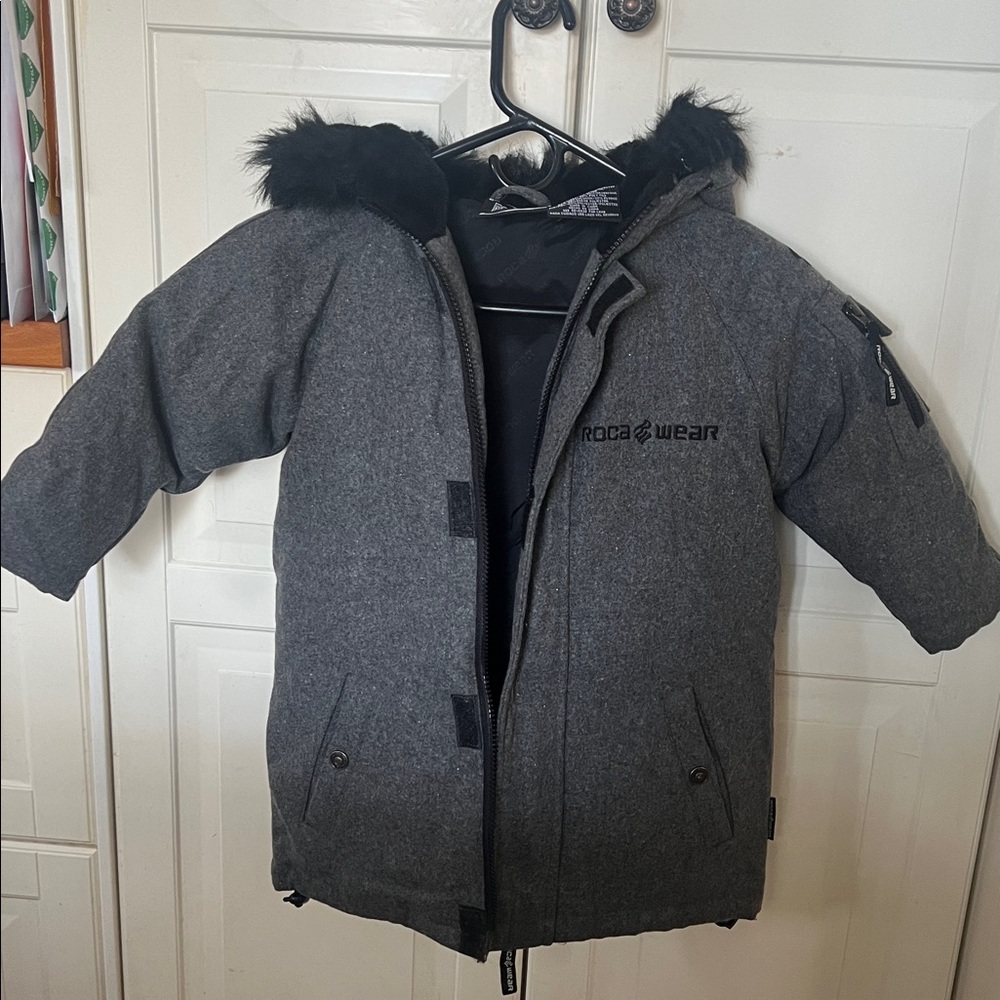 Rocawear Kids Grey Hooded Puffer Coat with Faux Fur Trim